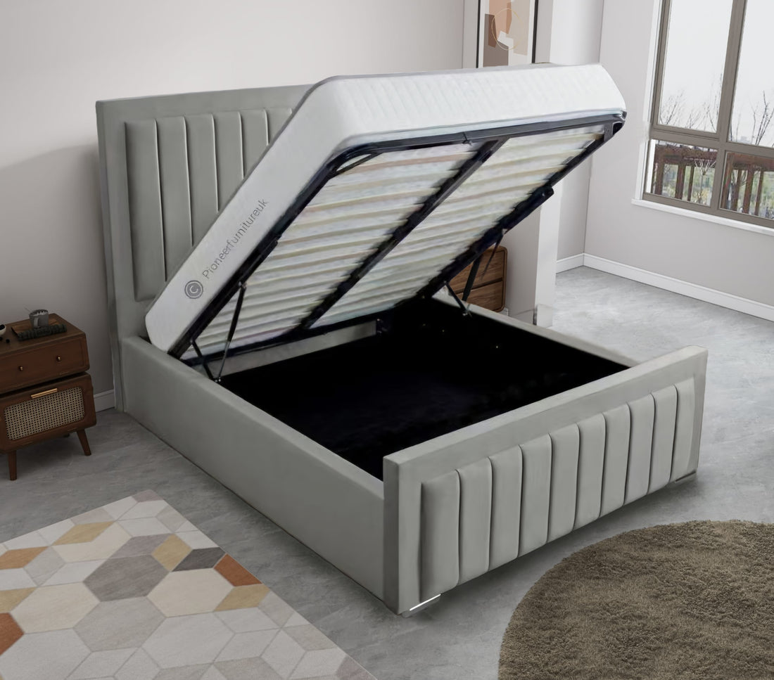 OTTOMAN STORAGE GREY PANEL PLUSH VELVET UPHOLSTERED BED FRAME DOUBLE KING SIZE