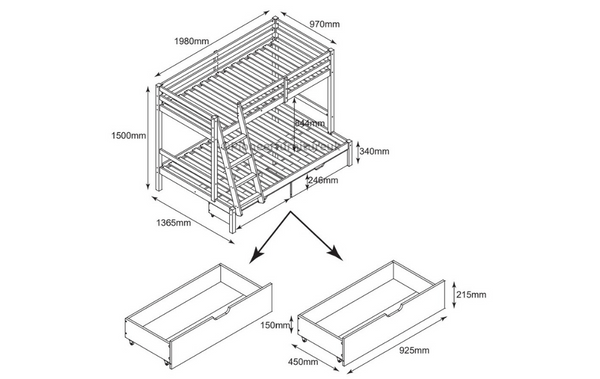 Bunk bed 3ft and 4ft with drawers in Grey