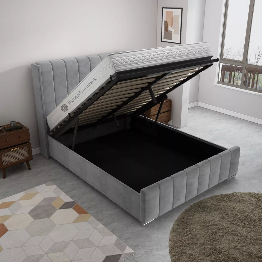 OTTOMAN BED FRAME GREY WING PANEL PLUSH VELVET UPHOLSTERED DOUBLE 4FT6 3FT 5FT
