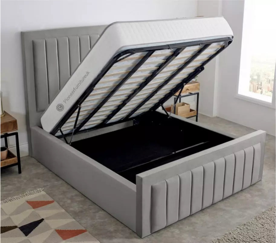 OTTOMAN STORAGE GREY PANEL PLUSH VELVET UPHOLSTERED BED FRAME DOUBLE KING SIZE