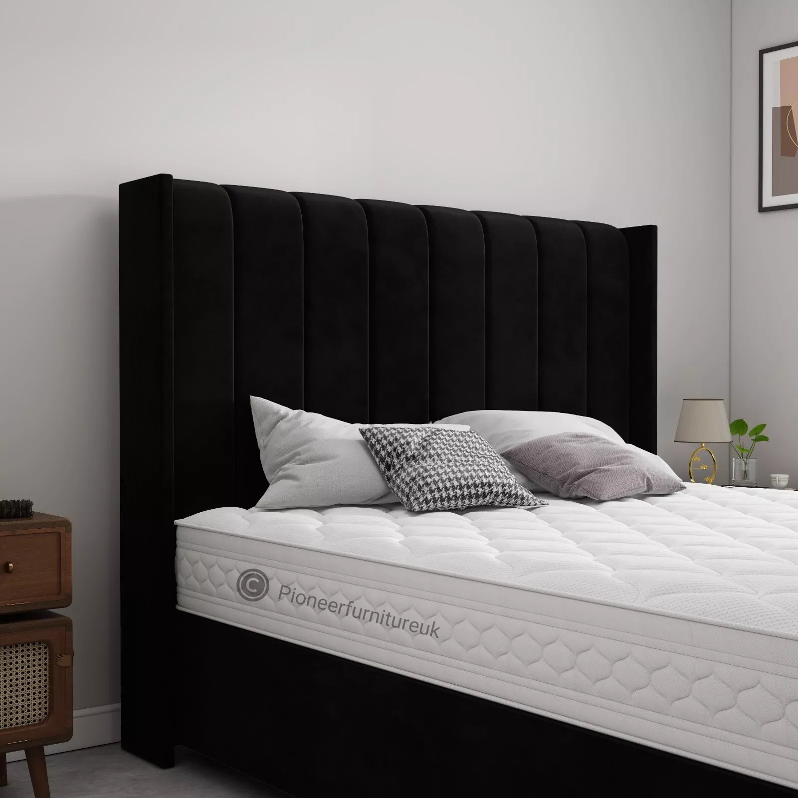 OTTOMAN STORAGE PANEL PLUSH VELVET UPHOLSTERED BED FRAME DOUBLE & KING SIZE WING