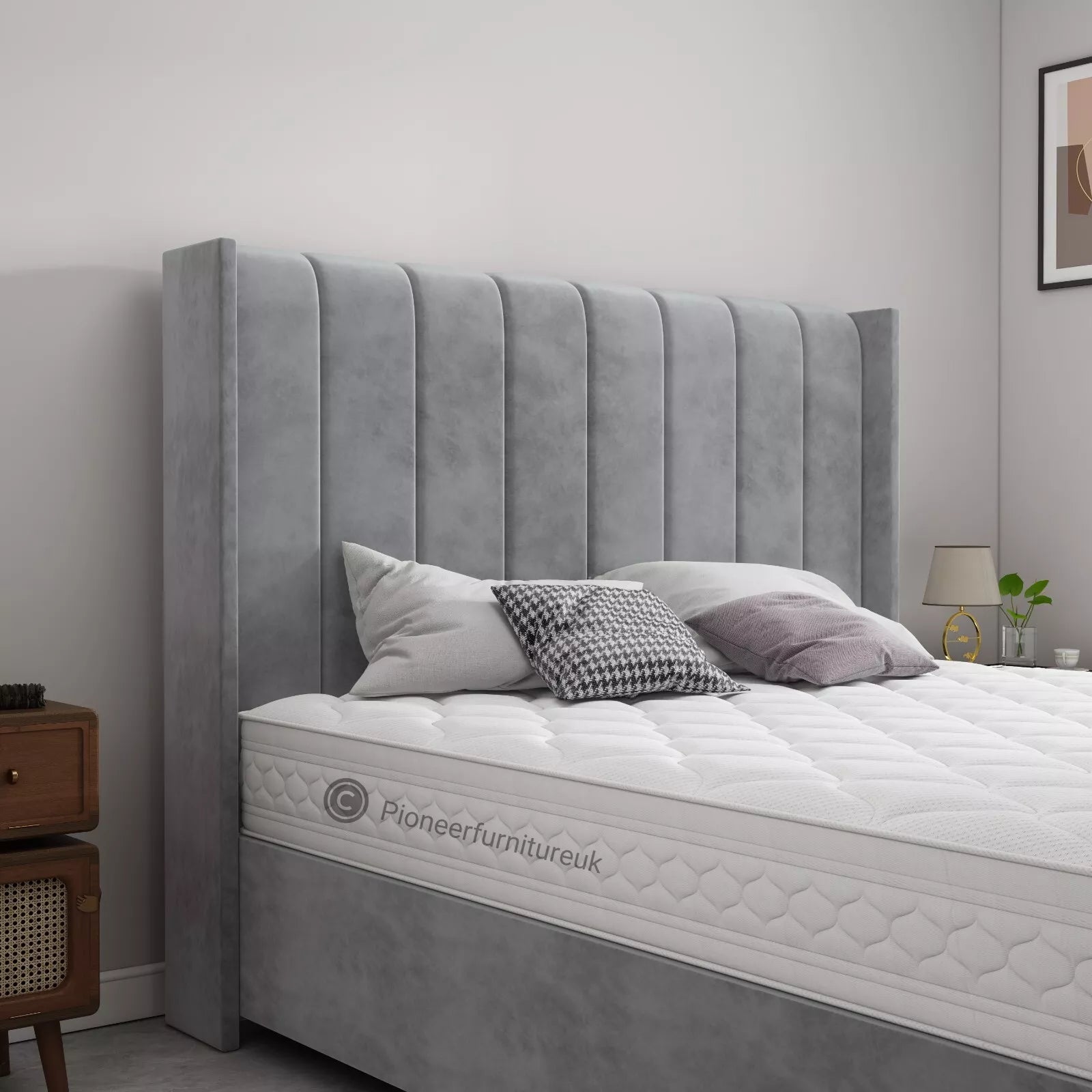 OTTOMAN STORAGE PANEL PLUSH VELVET UPHOLSTERED BED FRAME DOUBLE & KING SIZE WING