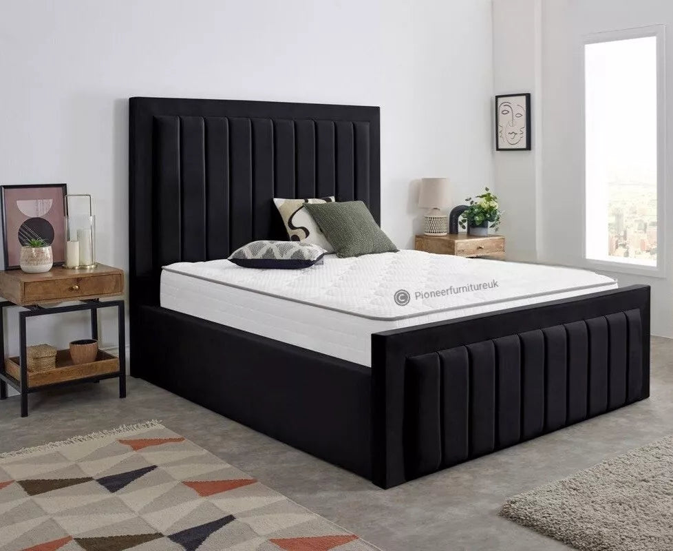 OTTOMAN STORAGE PANEL PLUSH VELVET UPHOLSTERED BED FRAME DOUBLE & KING SIZE