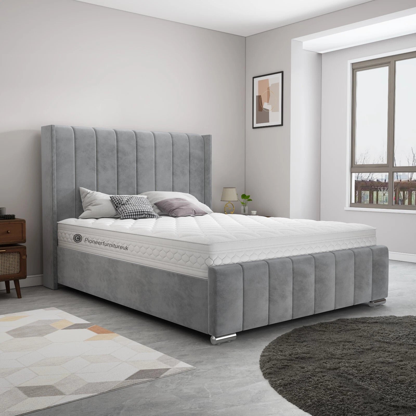 OTTOMAN STORAGE PANEL PLUSH VELVET UPHOLSTERED BED FRAME DOUBLE & KING SIZE WING