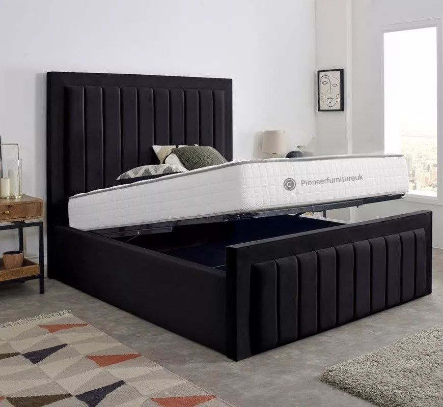 OTTOMAN STORAGE PANEL PLUSH VELVET UPHOLSTERED BED FRAME DOUBLE & KING SIZE