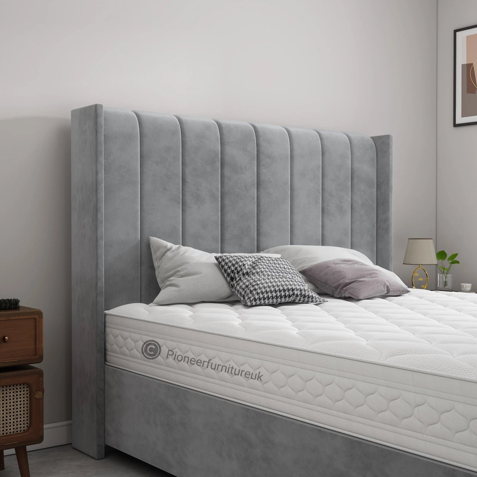 OTTOMAN STORAGE PANEL PLUSH VELVET UPHOLSTERED BED FRAME DOUBLE & KING SIZE WING
