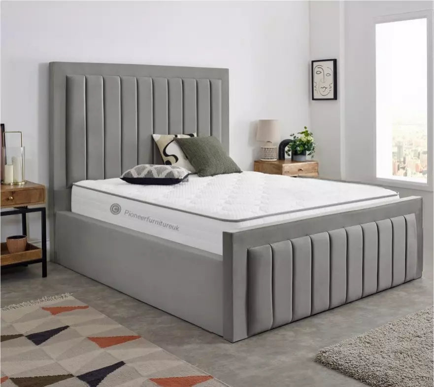 OTTOMAN STORAGE PANEL PLUSH VELVET UPHOLSTERED BED FRAME DOUBLE & KING SIZE