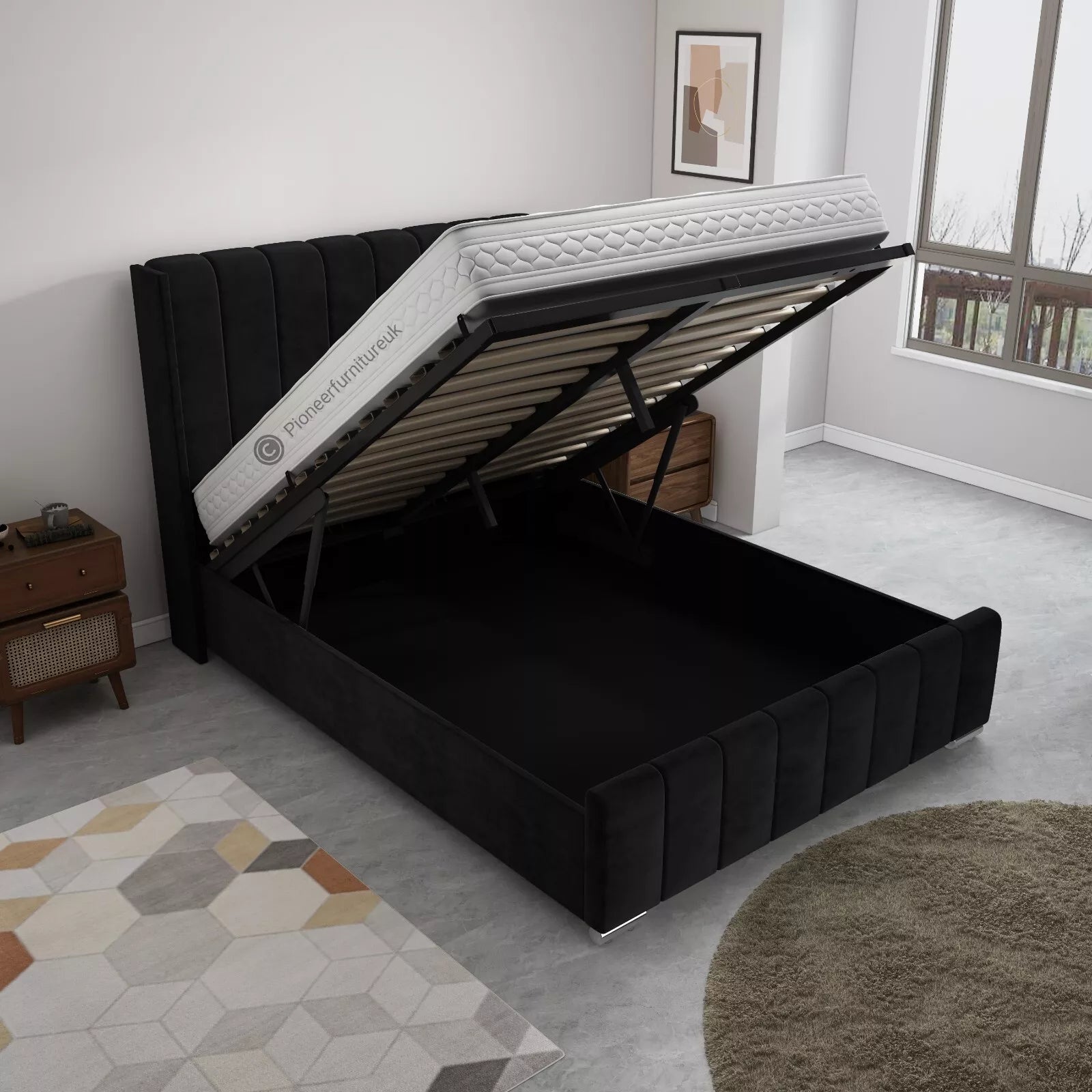 OTTOMAN STORAGE PANEL PLUSH VELVET UPHOLSTERED BED FRAME DOUBLE & KING SIZE WING